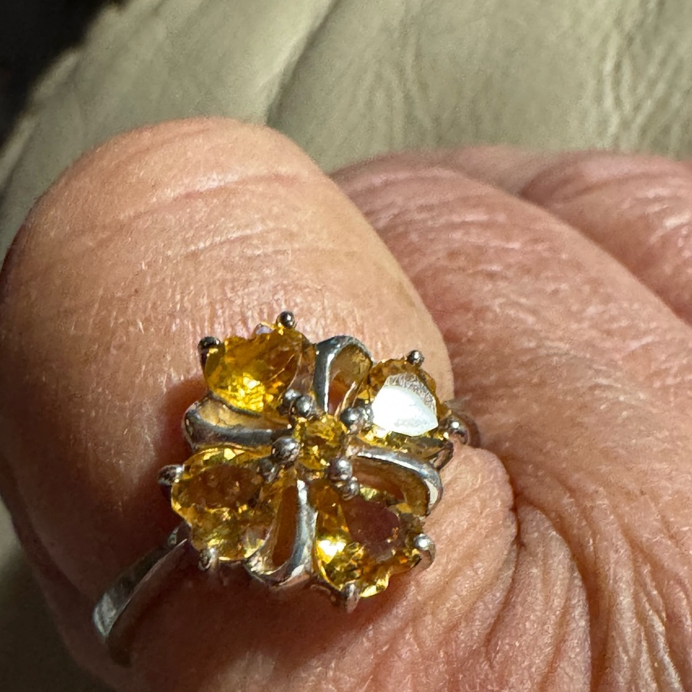 JTV Silver Ring with Yellow Gemstone Petals. Citrine gemstone heart shape floral